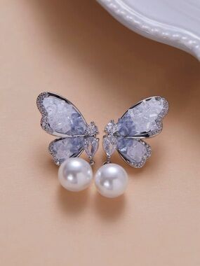 Silver Butterfly Pearl Drop Earrings with Pale Blue Crystal Wings